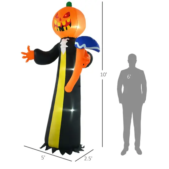 10ft Inflatable Halloween Pumpkin Head Ghost with Hammer, Blow Up LED Display for Garden Indoor Outdoor {3}