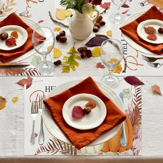 Set of 4 Orange Hello Pumpkin Leaves Placemats - 12 x 18 Inch {3}