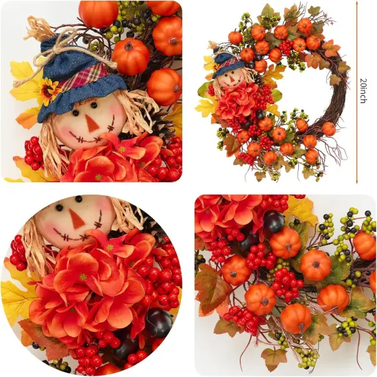 Fall Pumpkin Wreath with Scarecrow and Berries - 20 Inch {2}