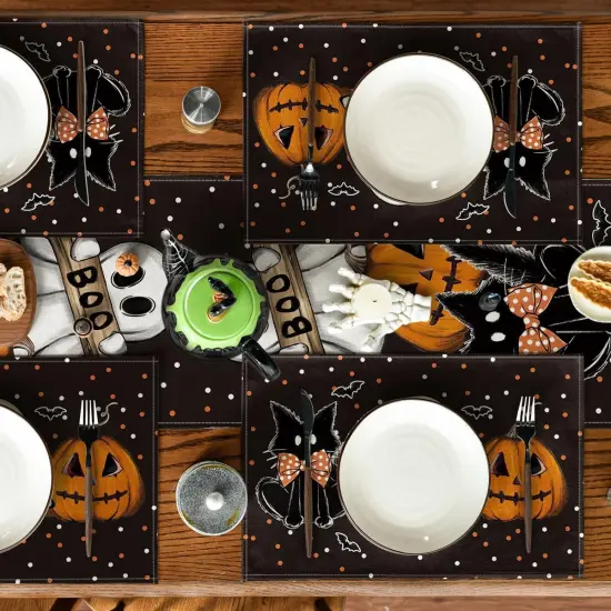 Set of 4 Polka Dot Halloween Placemats - 12x18 Inch (Black) {4}