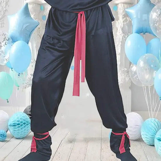 Mens Ninja Fighter Costume with Gold Dragon Print and Red Sash Detail {4}