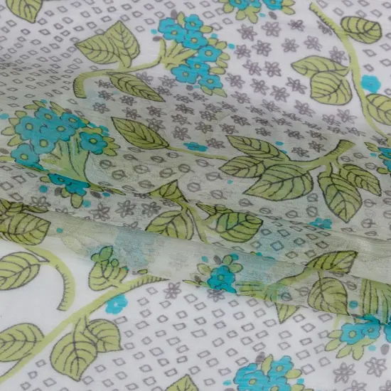 1 Yard Spring Green Turquoise White Flowers Tiny Diamonds Silk Chiffon 45 inch Width {3}