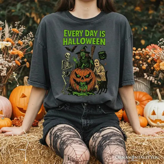 Every Day Is Halloween T-Shirt, Vintage Pumpkin Witch Spooky Tee for Eternal Spook Enthusiasts {2}