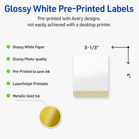 Avery Printable Rectangle Labels with Sure Feed Technology, Pre-Printed Gold Lace Trim Pattern, Glossy White, 4" x 3-1/3", Laser & Inkjet Compatible, 40 Total {2}