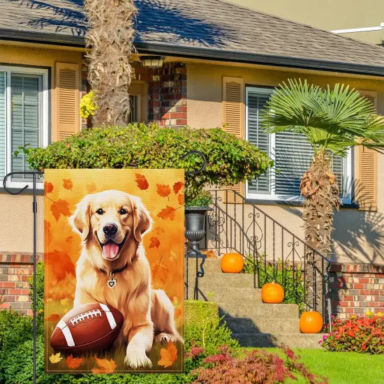 Fall Garden Flag 12&times;18 Inch(Cute Football Golden Retriever) {4}