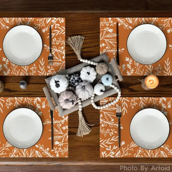 Set of 6 Eucalyptus Leaves Fall Placemats - 12x18 Inch (Orange/White) {3}