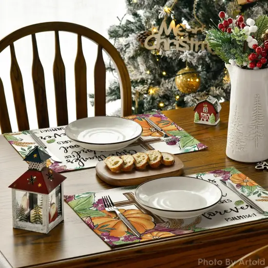 Set of 4 Pumpkin Leaves Grapes Wheat Placemats - 12x18 Inch (Orange/Beige) {4}