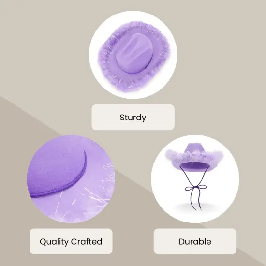 Womens Cowboy Hat - Cute, Fluffy, Sparkly Cowgirl Hat with Feathers for Halloween, Birthday, Bachelorette Party (Purple) {5}