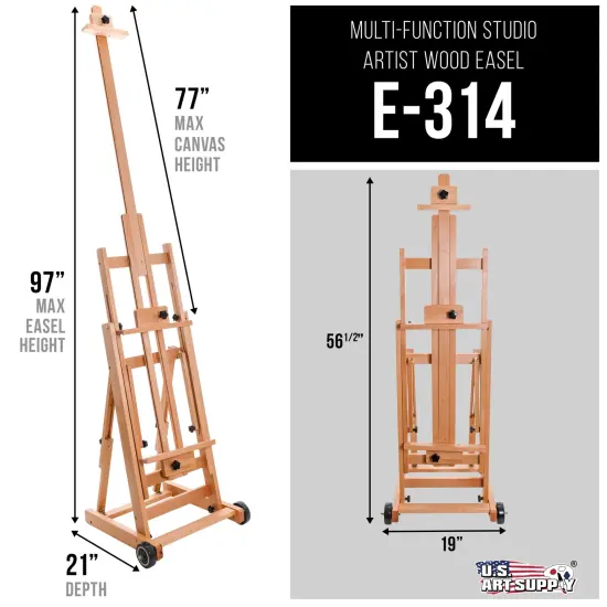Master Multi-Function Studio Artist Wooden Floor Easel - Large Heavy Duty Adjustable H-Frame, Tilts Flat, Mast Adjusts to 97" High - Beechwood Painting Canvas Holder Stand with Wheels {2}