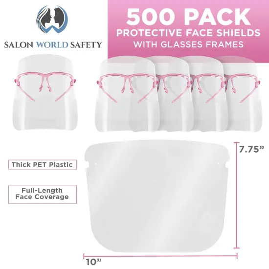 Face Shields with Pink Glasses Frames (20 Packs of 25) - Ultra Clear Protective Full Face Shields to Protect Eyes, Nose, Mouth - Anti-Fog PET Plastic {2}