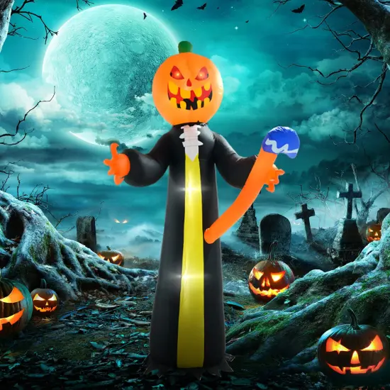 10ft Inflatable Halloween Pumpkin Head Ghost with Hammer, Blow Up LED Display for Garden Indoor Outdoor {2}