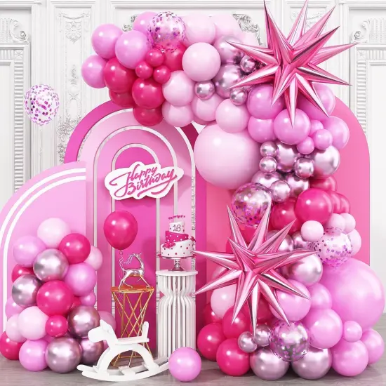 Pink Balloon Garland Arch Kit with Star Foil Balloons (Pink) {1}