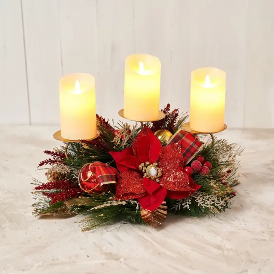 Red Poinsettia Triple Candle Holder - Handcrafted Christmas Decorations - Holiday Tree {3}