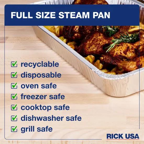 RICK USA: Full Size Steam Pan - 10 Pack - 19.5x11.6" Disposable Aluminum Foil, Baking-Cooking, Durable, Grill-Oven-Freezer-Dishwasher Safe, Recyclable {6}