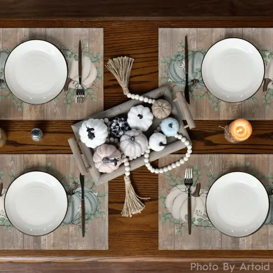 Set of 4 Pumpkins Fall Placemats - 12x18 Inch (Blue Leaves/Wood) {3}