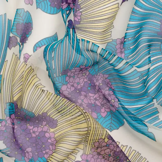 1 Yard Teal Blue, Yellow and Purple Flower Fans Silk Chiffon Lightweight Fabric Sheer, 54 Inches Wide {1}