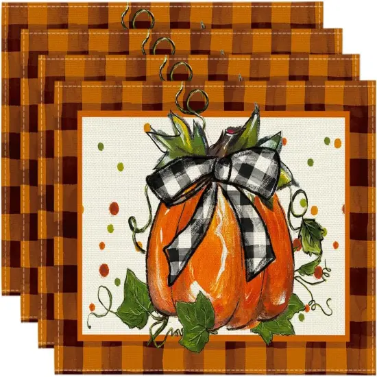 Set of 4 Orange Pumpkin Plaid Fall Placemats - 12x18 Inch (Orange) {1}