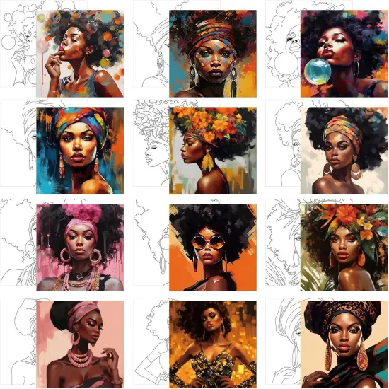 12 Pcs Pre Drawn Canvas - 8 x 8 Inch (Black Girl) {1}