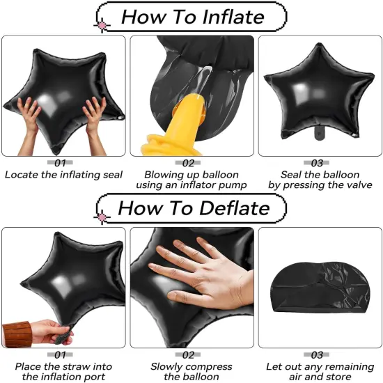 16 Pcs Black Hot Pink Star Balloons(Black Hot Pink) {2}