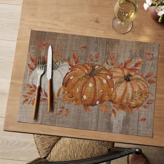 Set of 4 Wood Pumpkin Leaves Fall Vinyl Placemats - 12" x 18" (Orange) {2}
