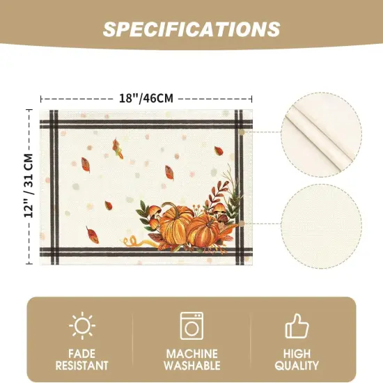 Set of 4 Pumpkins Mushrooms Leaves Placemat - 12 x 18 Inch (Multicolor) {5}