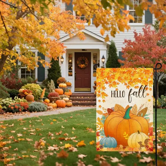 Hello Fall Pumpkin Leaf Garden Flag 12x18 Inch(orange) {3}