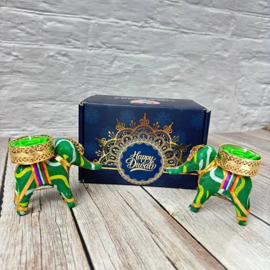 Diwali Gift Hamper Elephant Candle Holder Happy Diwali Stickers Custom Gifts Boxes Handmade Indian Festival Deepawali Hamper for Employees Home Office Friends Family - Return Gift Items Green {2}