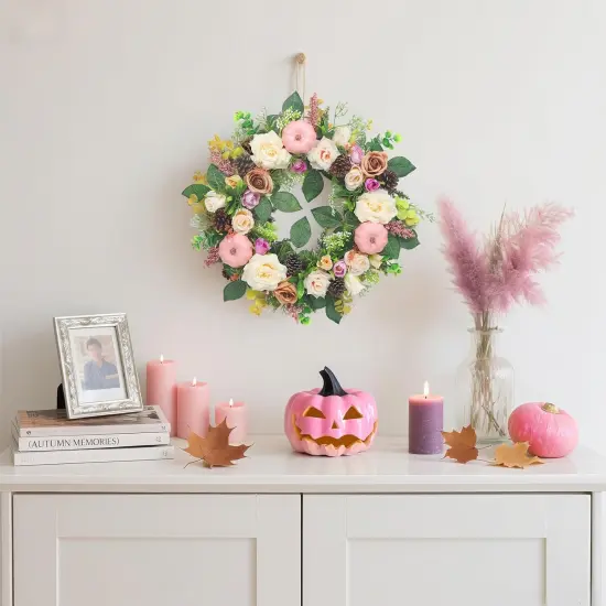 24 Inch Large Autumn Fall Wreath with Pink Pumpkins (Pink) {5}
