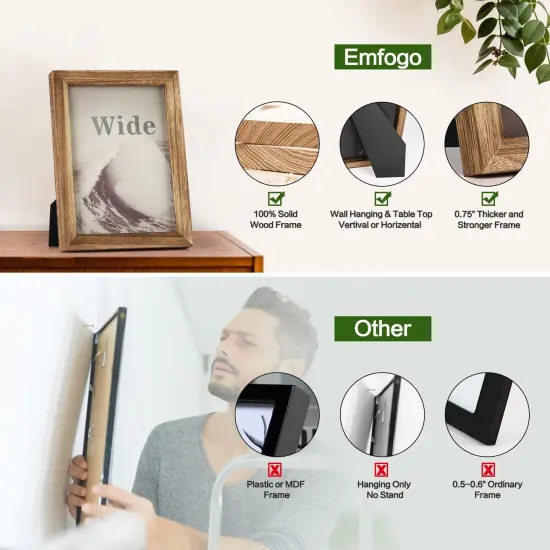 Emfogo 5x7 Picture Frame, Pack of 2 Rustic Picture Frames 5x7 with Real Glass, Solid Wood 5x7 Photo Frame for Table Top Display or Wall Mounted (Carbonized Brown) {4}
