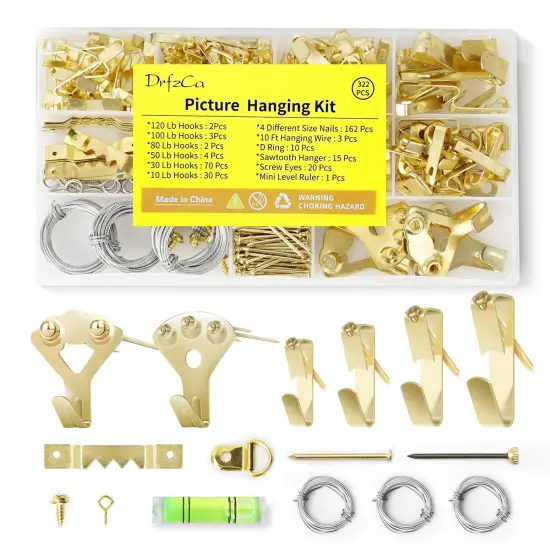 Picture Hanging Kit, 322 Pcs Picture Hangers, with 10-120lb Picture Hanging Hardware, Sawtooth Picture Hanging Assortment Kit, Screw Eyes, D Rings, Nails, Screws, Steel Wire,Picture Frame Hooks {1}