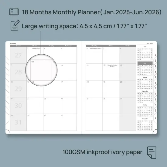 POPRUN Monthly Planner 2025-2026 (Large- 8.5" x 10.5" Soft Cover), 18-Month Calendar Book (January 2025-June 2026), Calendar Planner with Monthly Tabs & Pocket, 100 GSM Paper - Black {3}