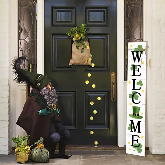 St. Patrick's Day Wooden Porch Sign 47" Spring Large Welcome Porch Sign for Home Front Door Yard Clover Party Decor (Green) {3}
