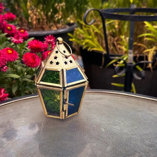 In the Breeze 9205 — Blue & Green Mini Hex Tealight Lantern — Moroccan-Style Boho Chic Tealight Glass and Metal Tabletop Lantern {2}