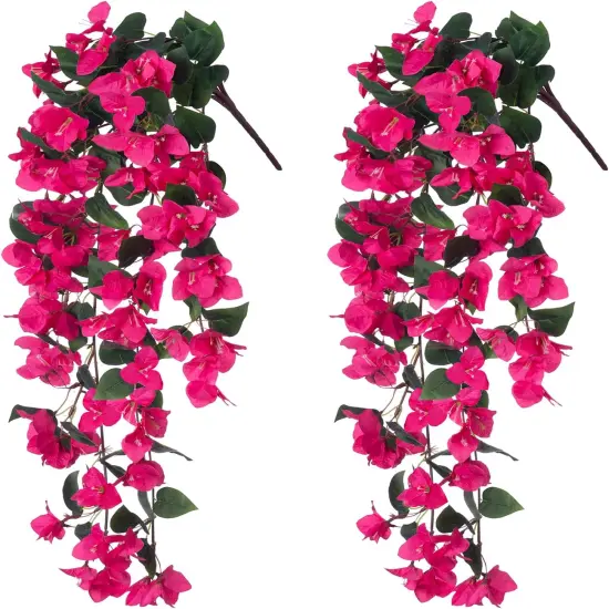 Artificial Fake Hanging Flowers Plants for Outdoor Outside Decor, 2 PCS Faux Silk Bougainvillea Long Vines UV Resistant Realistic Faux Hanging Flower for Home Porch Patio Balcony Yard, Hotpink {1}