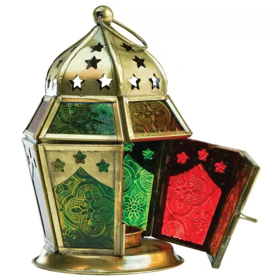 In the Breeze 9211 &mdash; Red, Yellow & Green Hex Tealight Lantern &mdash; Moroccan-Style Boho Chic Tealight Glass and Metal Tabletop Lantern {1}