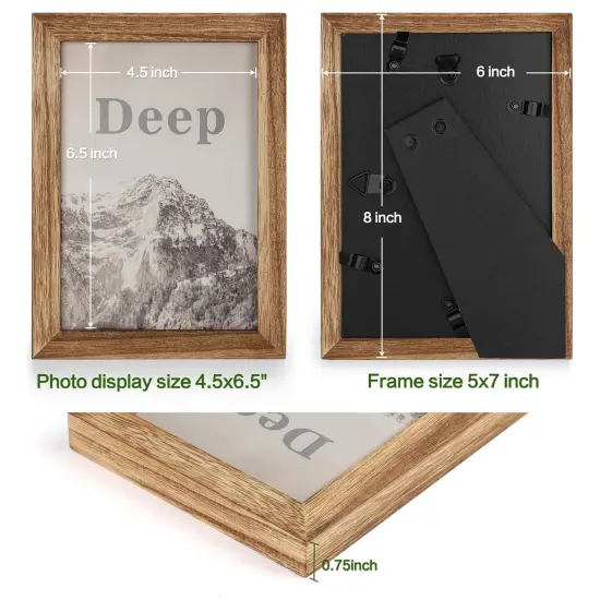 Emfogo 5x7 Picture Frame, Pack of 2 Rustic Picture Frames 5x7 with Real Glass, Solid Wood 5x7 Photo Frame for Table Top Display or Wall Mounted (Carbonized Brown) {3}