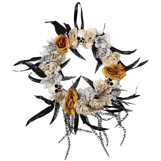 Northlight Skulls with Roses Halloween Foliage Wreath - 14" - Unlit Gray {3}