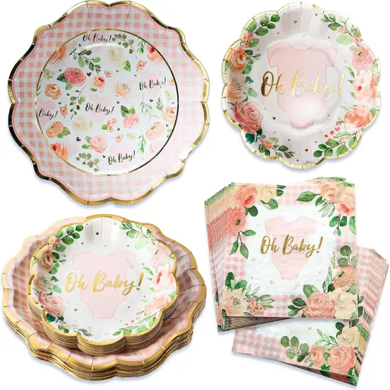 62Pcs Pink Floral Onesie Baby Shower Tableware Set &ndash; Plates & Napkins {1}