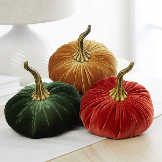 Set of 3 Velvet Pumpkins - (Rust, Gold, Olive) {1}
