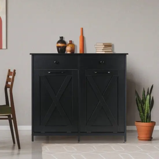 10-Gallon Black Tilt-Out Trash Cabinet with 2 Drawers and Top Shelf for Kitchen or Laundry {1}