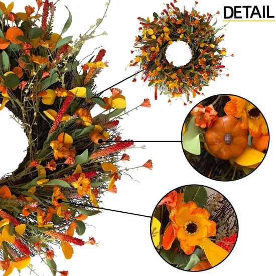 24 Inch Orange Autumn Fall Wreath with Little Pumpkins {4}