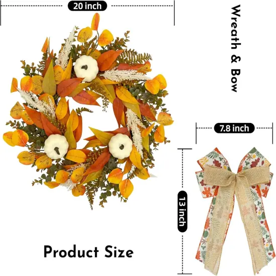 20 Inch Fall Maple Bow Wreath with White Pumpkin {2}