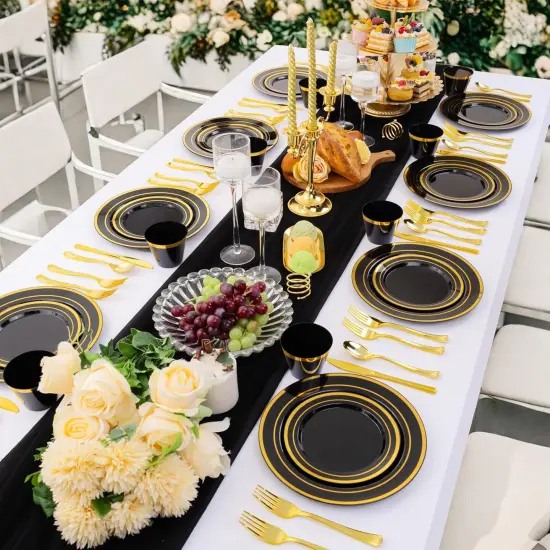 Black & Gold Disposable Dinnerware Set &ndash; 25, 50, 75, 100 Guest Options, Elegant Plastic Plates, Cutlery & Cups for Wedding & Party {5}