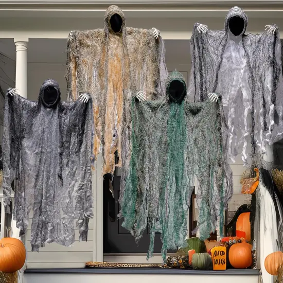 4 Pack 19'' Halloween Hanging,Faceless Grim Reaper Set with Posable Arms in Dark Horror Robe {4}