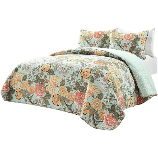 3 Piece Cotton Quilt Set Teal Floral Reversible Bedspread for Cozy Bedroom and Guest Room {1}