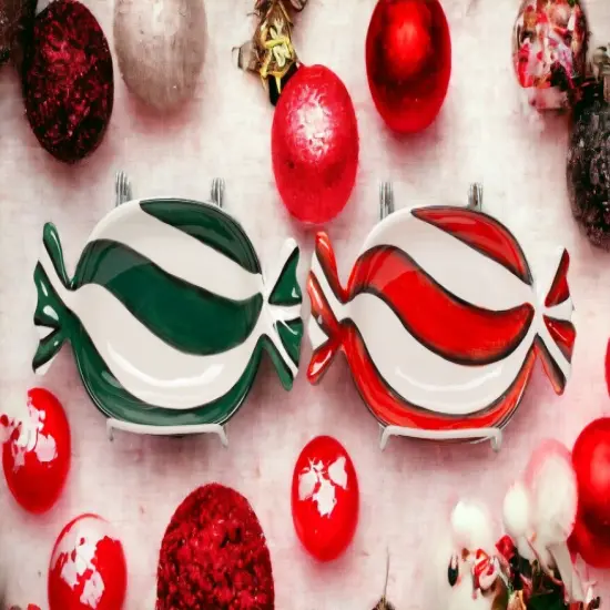 Ceramic Peppermint Candy Dish Set of 2 - Red And Green, Christmas Decor, Kitchen Decor, Gift for Her, Gift for Mom {1}