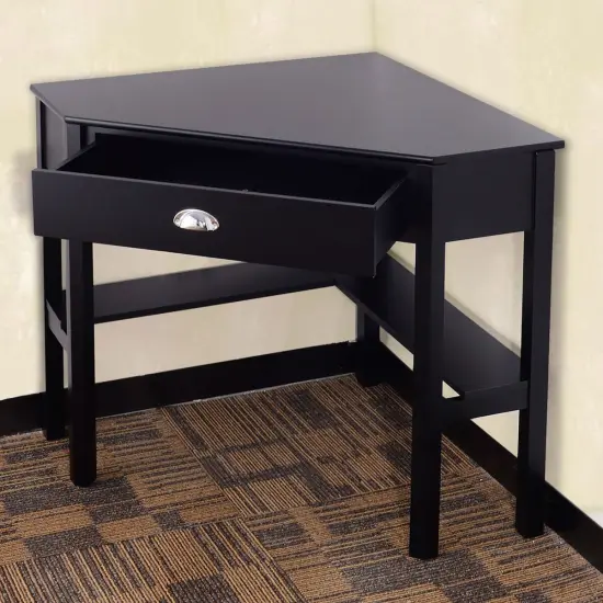 Black Pine and MDF Corner Computer Desk with Drawer, Shelves and Space-Saving Design {3}