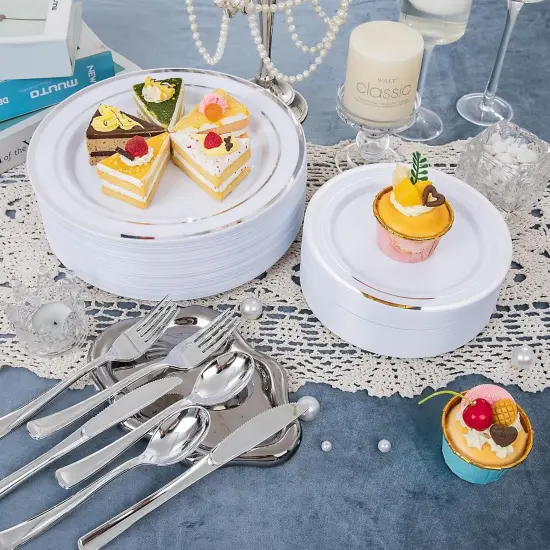 Silver Disposable Dinnerware Set &ndash; 25, 50, 75, 100 Guest Options, Plates, Silverware, Cups for Wedding, Party, Events {6}