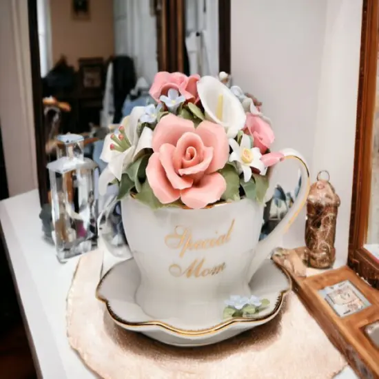 Handcrafted Ceramic Flower Bouquet in Cup Music Box, Home D&eacute;cor, Gift for Her, Gift for Mom, Mother's Day Gift {1}
