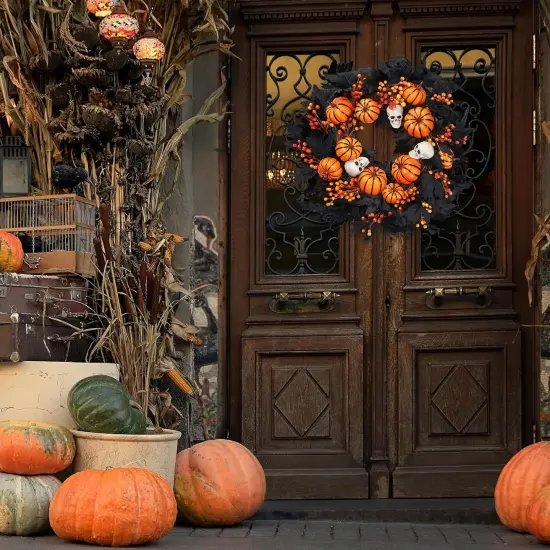 Halloween Wreath with Artificial Pumpkin Handmade Black Maple Leave Skull Pumpkin Orange Berries 20''Front Door Decorations for Indoor Outdoor Home Halloween Festival Decoration {4}